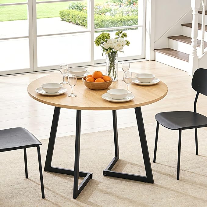 Karl home 35.4in Small Dining Table, Round Dining Table with Wood Finish Wing-Shaped Steel Legs, Circle Dinner Tables for Small Space, Apartment, Office, Kitchen, for 2 to 4 Person-Natural