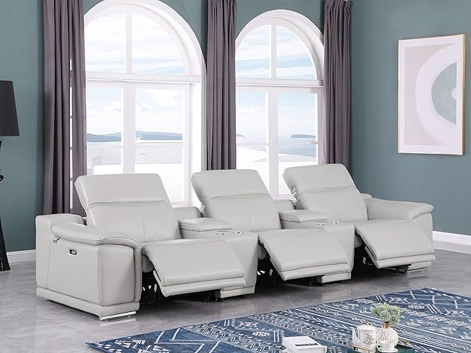 BlackJack Furniture Venice Top Grain Italian Leather Power Recline 5 Piece Sofa - 134" Theater Seating Modern Couch for Living Room Apartment Home with Adjustable Headrests & USB Port, Light Grey