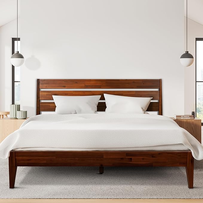 Acacia Emery Bed Frame with Headboard Solid Wood Platform Bed, King Size Bed Frame, Mid - Century Modern Wood Bed Compatible with All Mattresses, Easy Assembly, Non-Slip (Chocolate, Queen)