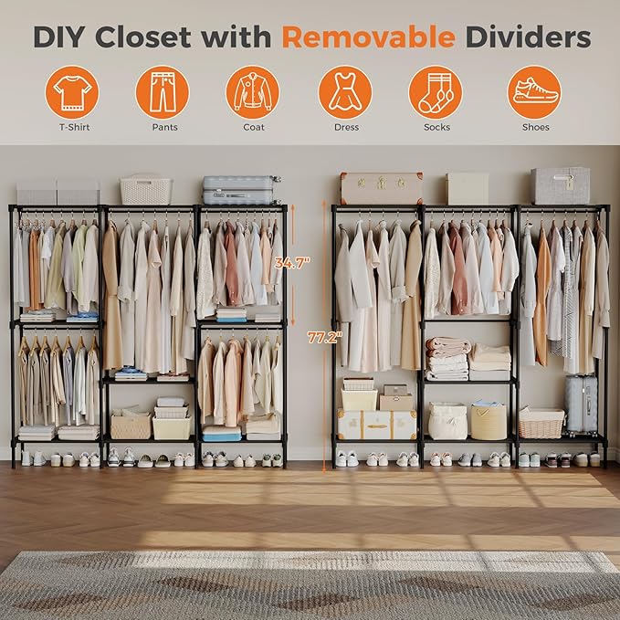 OLIXIS Portable Wardrobe Closet with Hanging Rods, 81 Inch Portable Clothing Rack with Shelves, Heavy Duty Clothes Rack, Freestanding Closet Organizer, 81" L x 15.7" W x 77" H