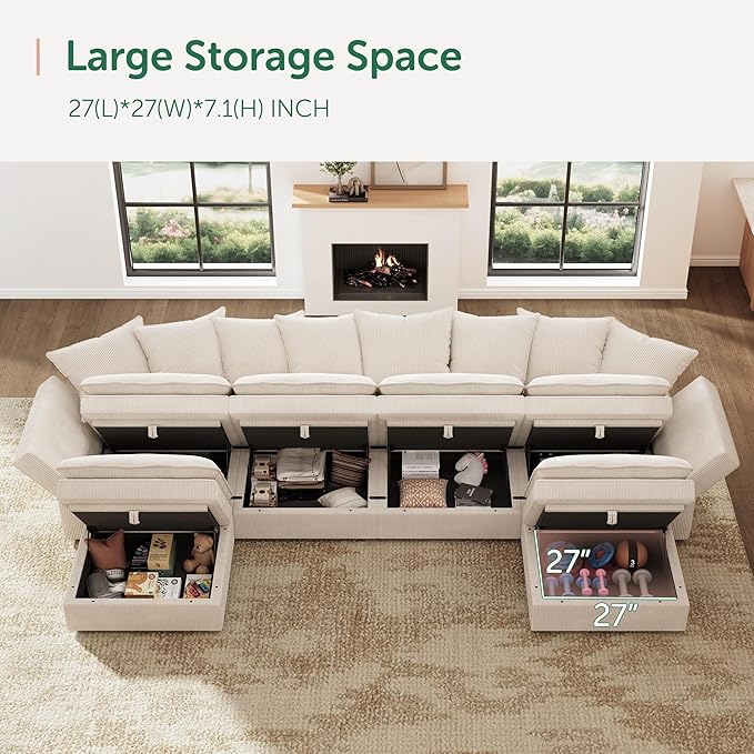 HONBAY Modular Sectional Sofa, 137 Inch U Shaped Corduroy Couch with Storage, Convertible Sectional Sofa with Deep Seat, Beige