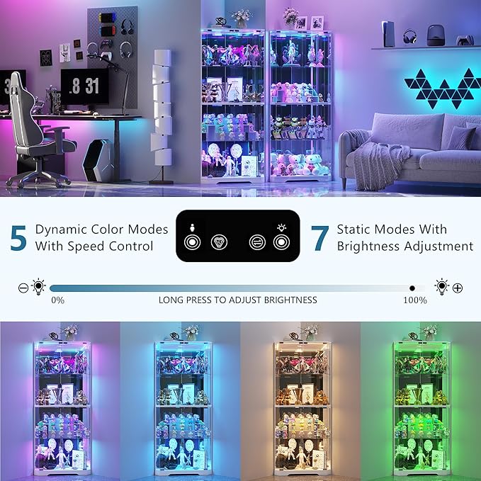 Corner Display Cabinet with Glass Doors, 64.7" Tall Curio Cabinet with RGB Lights for Collectibles, 4-Tier Showcase Display Case with Human Sensor for Toys, Books, White