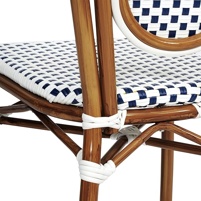 Flash Furniture Lourdes Indoor/Outdoor Commercial Thonet Bistro Stack Chair - White/Navy PE Rattan Back and Seat - Natural Bamboo Print Metal Frame