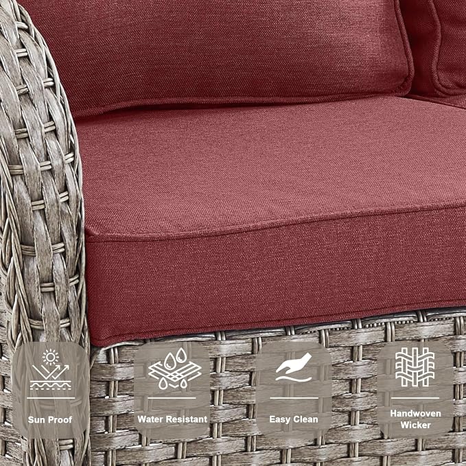 Belord 6 Pieces Patio Rocking Chairs Outdoor Furniture Set with Outdoor Couch and Ottoman Conversation Patio Furniture Set Perfect for Deck Sunroom Backyard Gray/Red