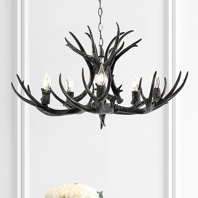 JONATHAN Y 26" Black Rustic Resin Antler 4-Light LED Chandelier, Farmhouse Faux Deer Horn Hanging Ceiling Light for Dining Room, Kitchen Island, Adjustable Light Fixture (JYL6300C)