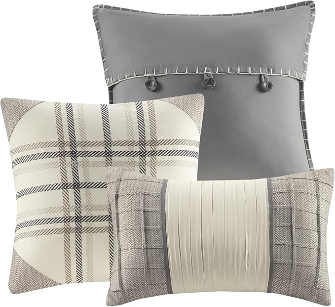 Madison Park Ridge Comforter Set-Cabin Lodge Plaid Herringbone Design All Season Down Alternative Cozy Bedding with Matching Bedskirt, Shams, Decorative Pillow, King(104"x92"), Neutral 7 Piece