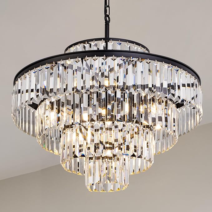 Wellmet Crystal Chandelier, Modern Vintage Pendant Light, 5-Tier Black Luxury Crystal Chandelier for Living Room, Dining Room, Entryway, Hallway, Corridor, Bedroom, 24''
