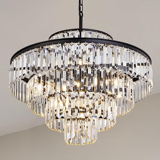 Wellmet Crystal Chandelier, Modern Vintage Pendant Light, 5-Tier Black Luxury Crystal Chandelier for Living Room, Dining Room, Entryway, Hallway, Corridor, Bedroom, 24''