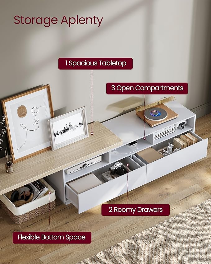 VASAGLE TV Stand with Power Outlet, Adjustable Length 63.8-106 Inches, Modular L-Shaped TV Console Table, LED Light, Fits Large Screen TV, for Living Room, Cloud White and Natural Beige ULTV126W01