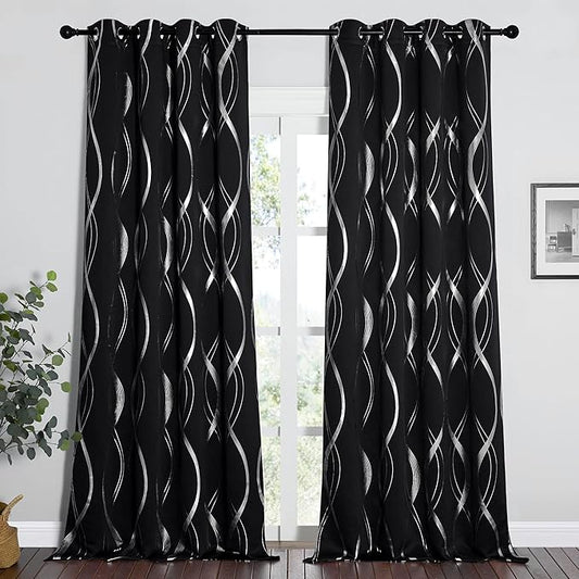 NICETOWN Blackout Curtains for Patio, Foil Printed Wave Lines Home Decoration Thermal Insulated Grommet Blackout Draperies/Drapes for Large Window Living Room (2 Panels, 52 inches x 95 inches,Black)