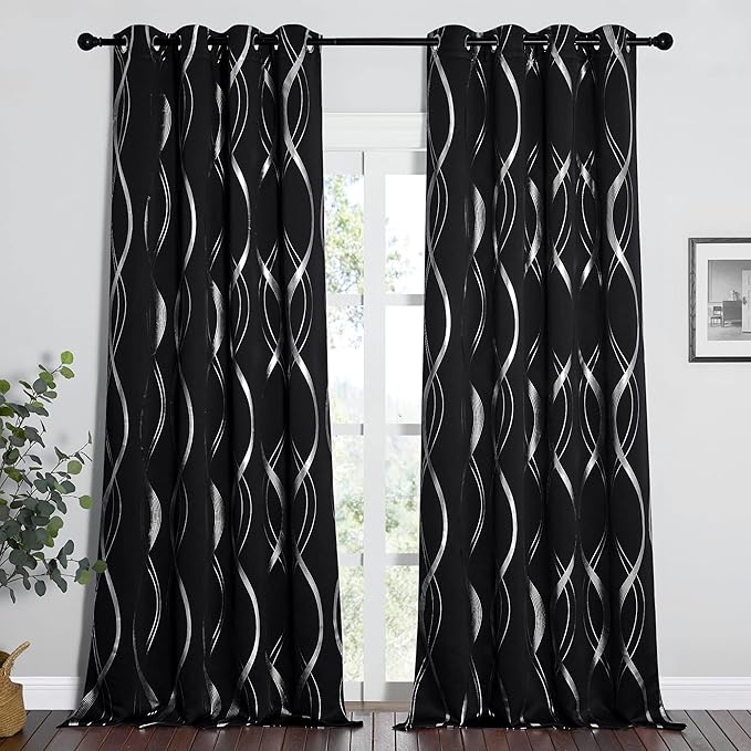 NICETOWN Black Out Curtains 102 inch Long 2 Panels Burg for Living Room, Extra Long Blackout Drapes for Office Window, Foil Printed Wave Lines Energy Saving Thermal Insulated Draperies for Bedroom