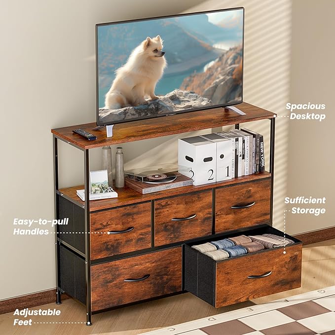 NEWBULIG 5 Drawer TV Stand with Wood Top, Entertainment Center for 45 inch TVs & Fabric Storage Organizer, Adjustable Feet, for Bedroom & Living Room,Brown02