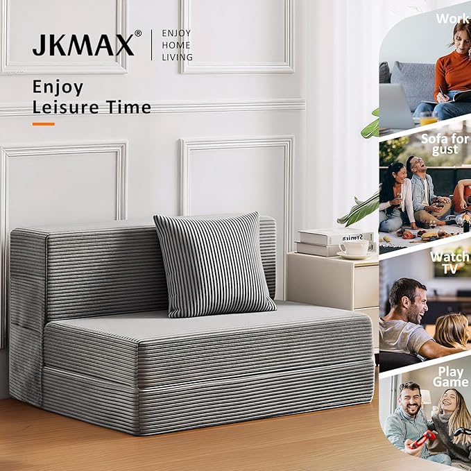 JKMAX Queen Size Folding Sofa Bed - 4 in 1 Convertible Sleeper Chair with Two Pillows - High Density Memory Foam Futon Couch - Foldable Bed for Living Room Bedroom (Dark Grey)
