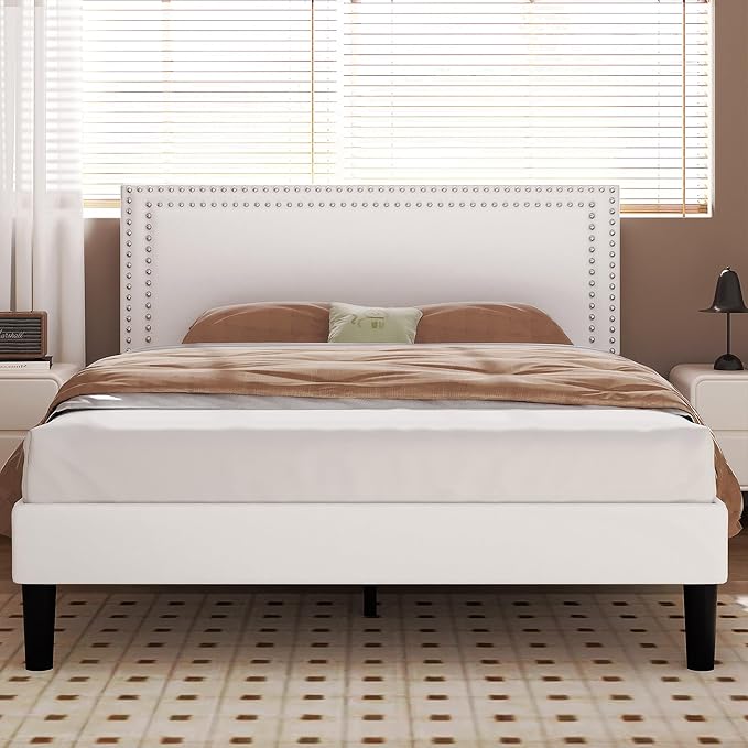 VECELO Queen Size Bed Frame with Adjustable Upholstered Headboard, Wooden Slats Platform, Noise-Free Design, Easy Assembly