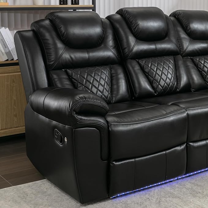 ERYE 83-Inch Oversized Manual Reclining Sofa with LED Strip and Cupholders for Living Room Home Theater, Multifunctional Faux Leather 3 Seaters Manual Recliner Couches | Charging Station, Cup Holder, LED Light Strips