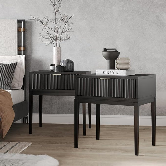 Nathan James Jasper Boho Side Table, Solid Wood Bedroom Nightstand or Bedside Table with Drawer with Fluted Doors and Brass Handles, Black, Set of 2