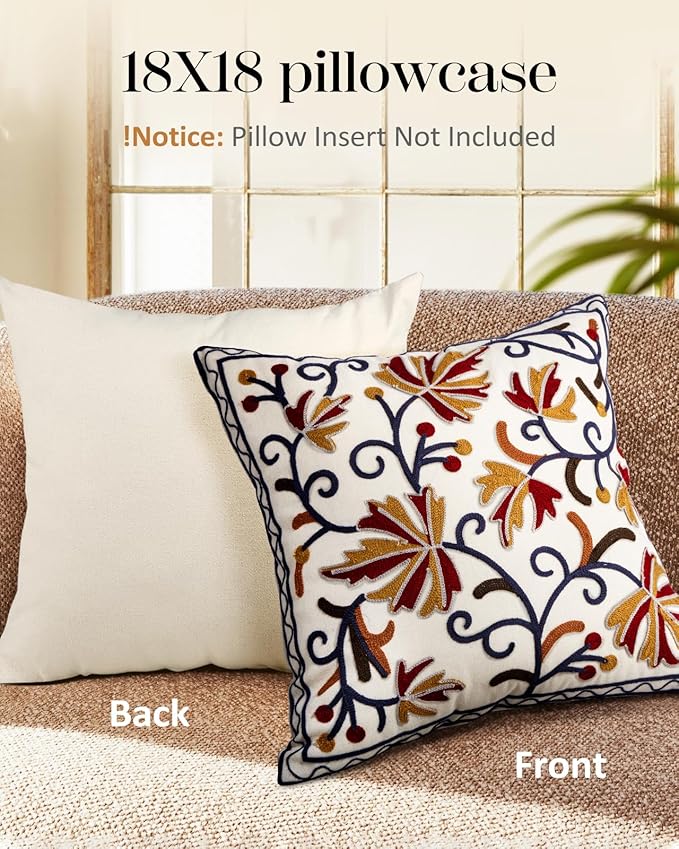 Embroidered Throw Pillow Cover - 18x18 Decorative Pillow Cover with Zipper Aesthetic Cute Design Boho Spring Summer Throw Pillowcase for Living Room Couch Sofa Bed, Fall Flower