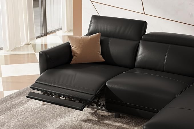Valencia Andria 99.5" Leather Reclining Sectional Sofa, 3 Seater Reclining Couch with Right Hand Chaise | Italian Nappa 11000 Top Grain Leather | Power Reclining Seat with Adjustable Headrests - Black