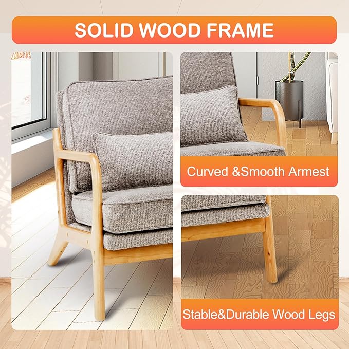 Modern Accent Chair Set of 2 with Lumbar Pillow, Relaxing Mid Century Chair Armchair with Solid Wood Frame & Soft Cushion, Reading Leisure Armchair for Living Room, Grey