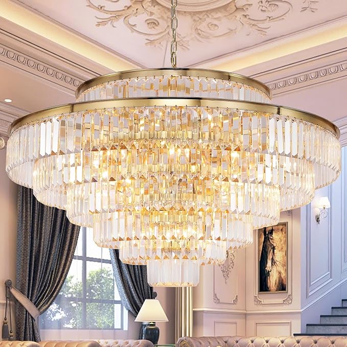 Large Crystal Chandeliers Gold Chandelier Luxury Pendant Ceiling Lights Fixture Hanging Raindrop Pendant Light Fixture for Dining Room Bedroom Living Room, 39 Inch