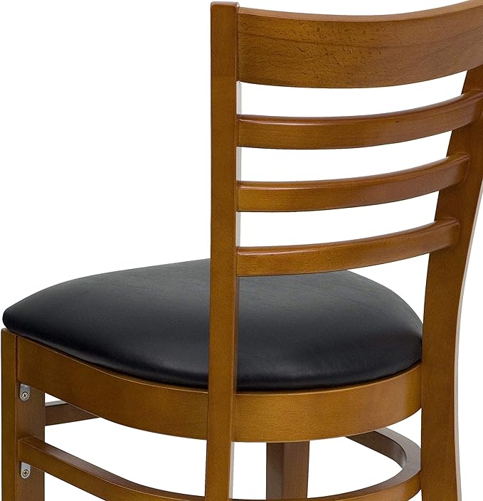Flash Furniture HERCULES Series Ladder Back Cherry Wood Restaurant Chair - Black Vinyl Seat