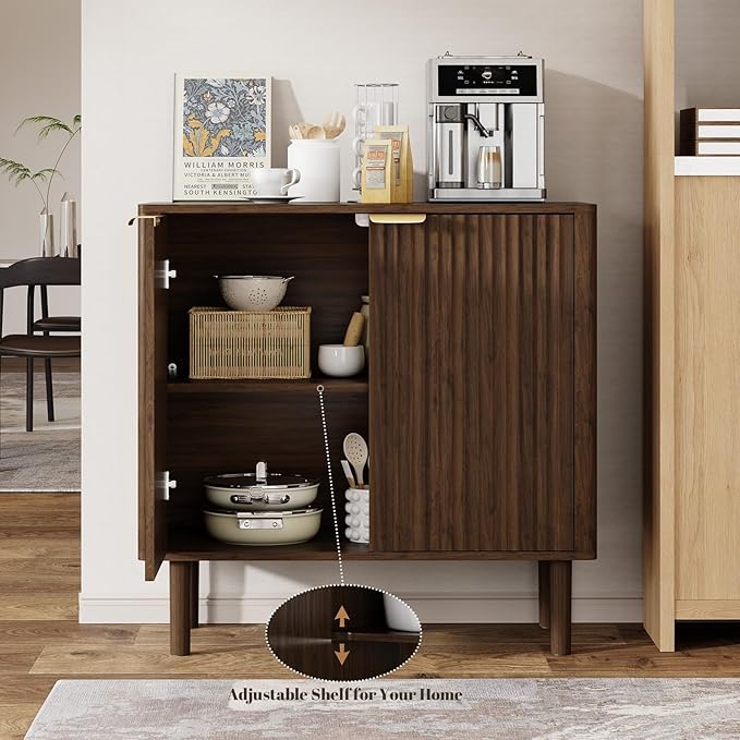 Sideboard Buffet Cabinet with Storage, Modern Fluted Accent Credenza with Doors & Adjustable Shelves, Wood Coffee Bar Console Table for Living Room, Dining Room, Kitchen, Entryway 31.5"Walnut