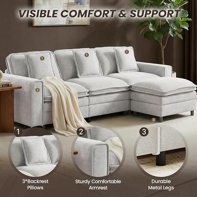 MALOL Modular Sectional Sofa 107", Comfy Cloud Couch with Ottoman, Deep 4-Seat L Shaped Modular Sofa, Couches with Throw Pillows for Living Room, Beige