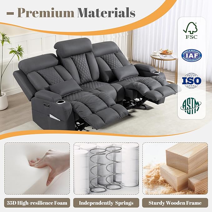 Zero Wall Hugger Power Reclining Sofa Set with Adjustable Headrest, Electric Reclining Couch with Drop-Down Table,Outlets, Power Loveseat Recliner Sofa for Living Room (Gray, Sofa+Loveseat)