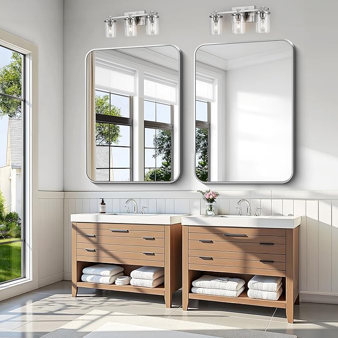 KOCUUY Silver Bathroom Mirror, 40x48 Inch Large Bathroom Mirror for Over Sink, HD Tempered Glass, Anti-Rust Brushed Silver Frame, Rounded Corner Modern Design for Bathroom, Hang Horizontal/Vertical