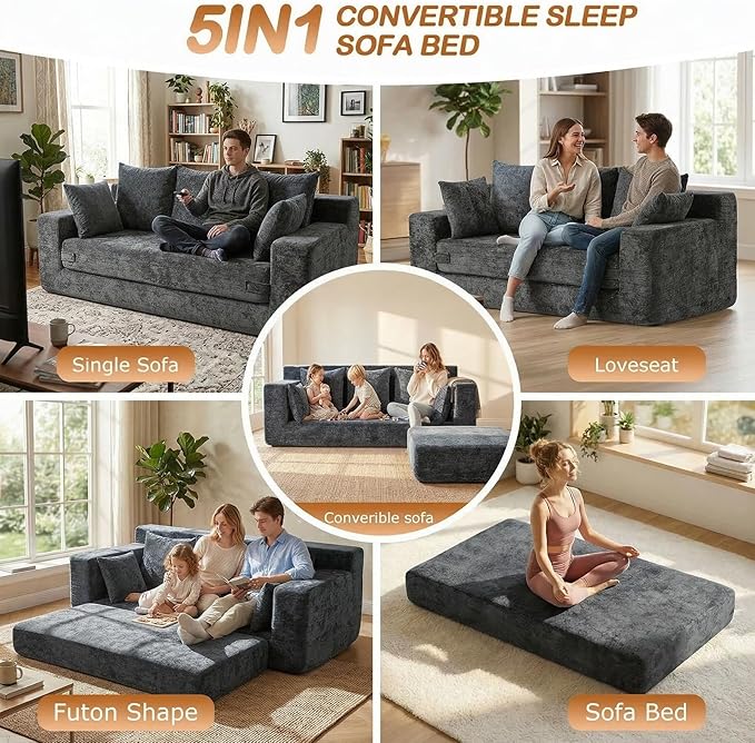 Convertible Sofa Bed, 5 in 1 Small Boneless Couch Pull Out Loveseat Sleeper Sofa,Corduroy Futon Couch Folding Mattress with 4 Pillows for Living Room Bedroom Lounge (Dark Gray, 3 Seater)