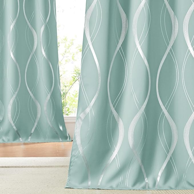 NICETOWN Aqua Blue Curtains 72 inch Long for Nursery and Kids Room, Wave Line Foil Print Design Pattern Drapes for Wall Decor, W52 x L72 inch, 2 Panels