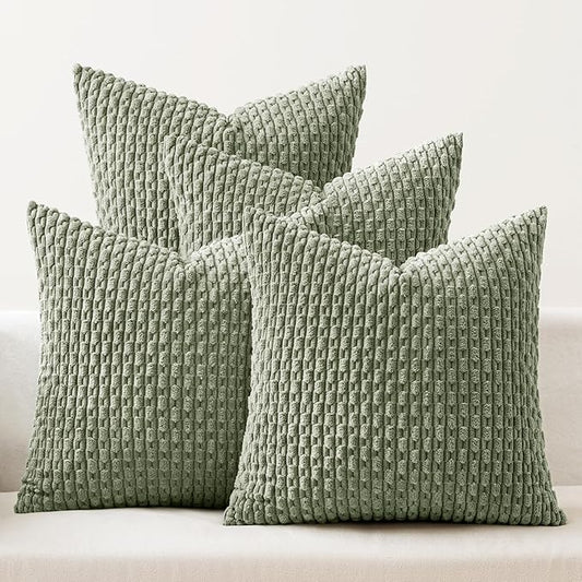 MIULEE Sage Green Decorative Throw Pillow Covers for Couch Living Room 20x20 Inch Soft Pillow Cases Set of 4 Boho Striped Corduroy Farmhouse Cushion Covers Spring Home Decor for Sofa Bed