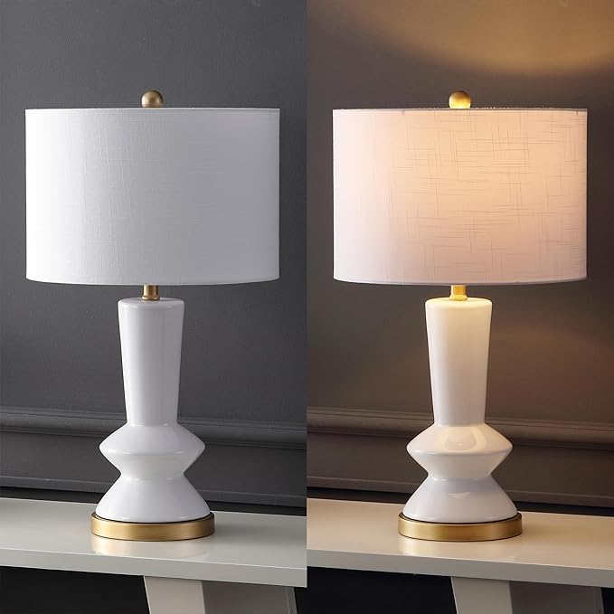 JONATHAN Y 27" White/Gold Modern Ceramic Table Lamp for Bedroom Living Room, with White Linen Shade, Glam Geometric Bedside Nightstand Lamp, LED Bulb Included JYL6607A