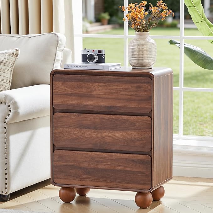 AVZEAR Set of 2 Modern 3 Drawer Dresser for Bedroom, Wooden Dresser Chest of Drawers, Handle Free & Curved Profile Design, Mid Century 3 Drawer Nightstand for Living Room, Walnut