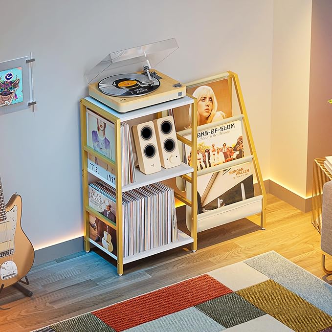 Record Player Stand, Turntable Stand with 3-Tier Vinyl Record Storage, Record Player Table 200 Albums, End Table with Vinyl Display Holder Shelf, Record Player Cabinet Media Console for Stereo,Gold