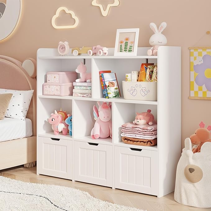 Gizoon Toy Storage Cabinet and Kids Bookcase with 3 Movable Drawers and 6 Open Shelves Featuring Fall Prevention Barrier for Playroom Nursery Kids Room Organization, White