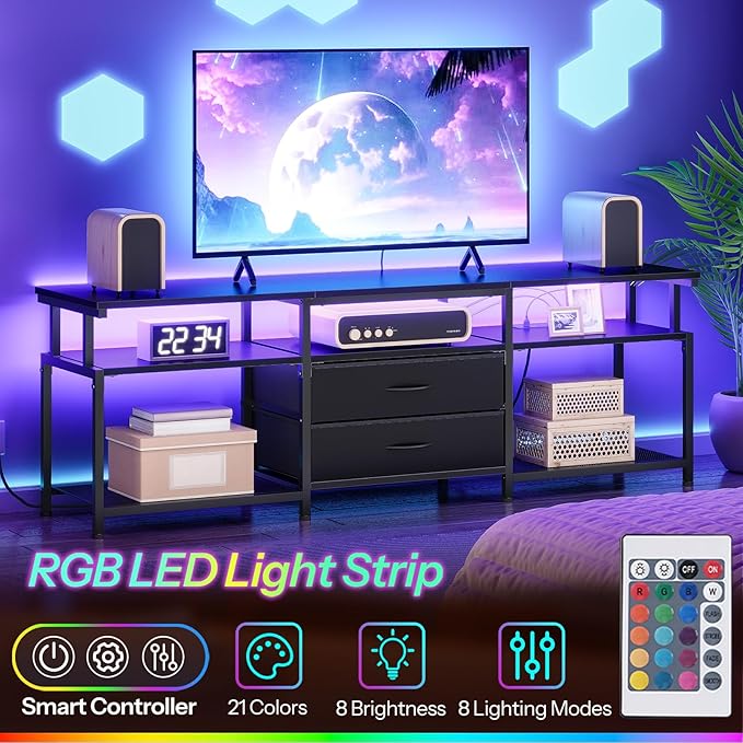 HOOBRO TV Stand with Power Outlet and LED Light, Entertainment Center for TVs Up to 75 Inch, Modern Media Console Table with 2 Non-Woven Drawers, for Living Room, Bedroom,Black BB55UDDS01