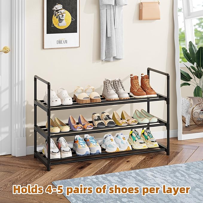 Simple Trending Shoe Rack, 3-Tier Shoe Organizer, Metal Storage Shelf, for 16-20 Pairs, Stackable, for Entryway, 11.75 x 36.5 x 21.5 Inches, Black