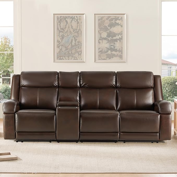 Watson & Whitely Genuine Leather Power Recliner Sofa, 3 Seater Wall Hugger Reclining Sofas with Storage Console, Power Headrest, USB, Electric Recliner Couch Set for Living Room, Dark Brown