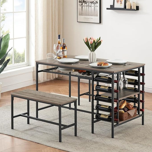 Garvee Dining Table Set for 4, Kitchen Table Set for 4 with 2 Benches, 3 Piece Dining Room Table Set for Small Space Apartment, Grey