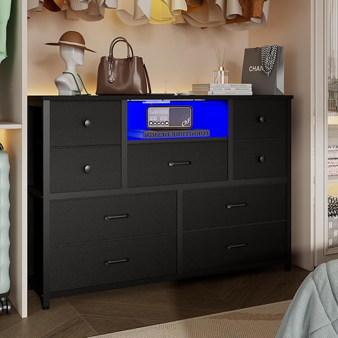 Dresser for Bedroom with 9 Drawers, Black Storage Organizer TV Stand for 55" TV with LED Lights and Sockets, Fabric Chest of Drawers with PU Finish for Kid Room, Entryway, Living Room, Hallway