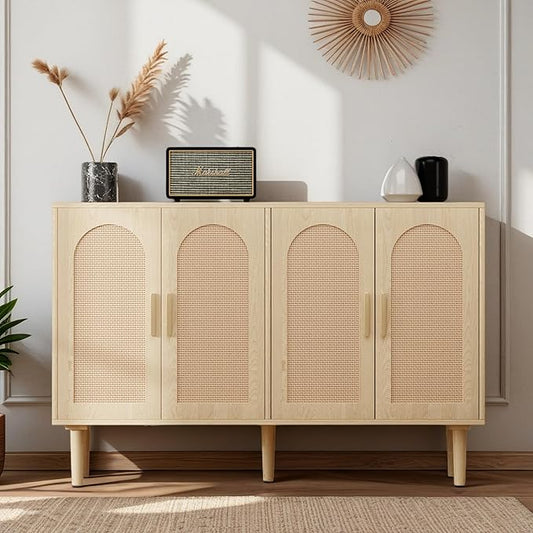 Modern Rattan-Door Sideboard Cabinet – 4-Door Credenza Buffet with Ample Storage, Large Accent Cabinet for Entryway, Living Room, Dining Room & Kitchen, Natural