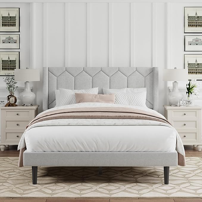 Full Size Bed Frame with Velvet Upholstered Headboard, Platform Bed Frame No Box Spring Needed, Modern Bedframe with Strong Wooden Slats, Light Gray