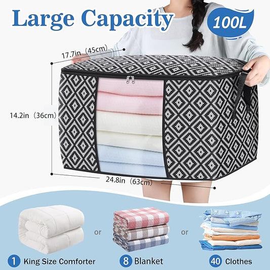 Direct 100L, 4 Pack, Storage Containers, Large Clothes Storage Bins Foldable Organization and Storage Bags with Reinforced Handle, Clear Window for Bedding, Blankets, Clothing, Black