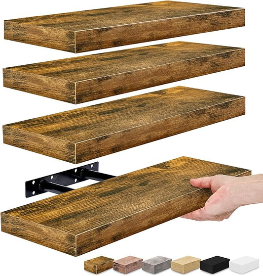 Sorbus Floating Shelves for Wall – 16 Inch Floating Shelf for Kitchen, Bedroom, Living Room, Bathroom, Home & Wall Decor - Mounted Bathroom Shelves with Invisible Brackets (Rustic Brown, 4 Pack)