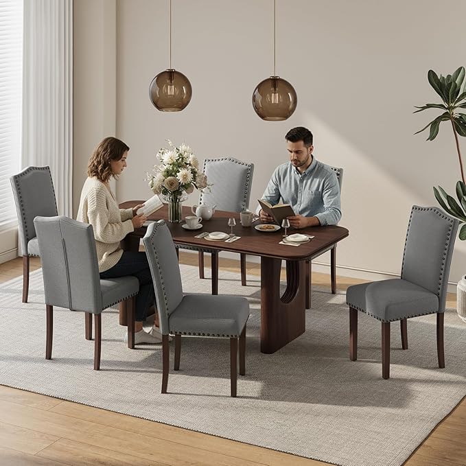 Dining Chairs Set of 6, Upholstered Soft Comfortable Parsons Chairs with High-Density Cushion, Solid Wood Legs & Nailhead Details for Dining Room, Kitchen, Living Room – Grey