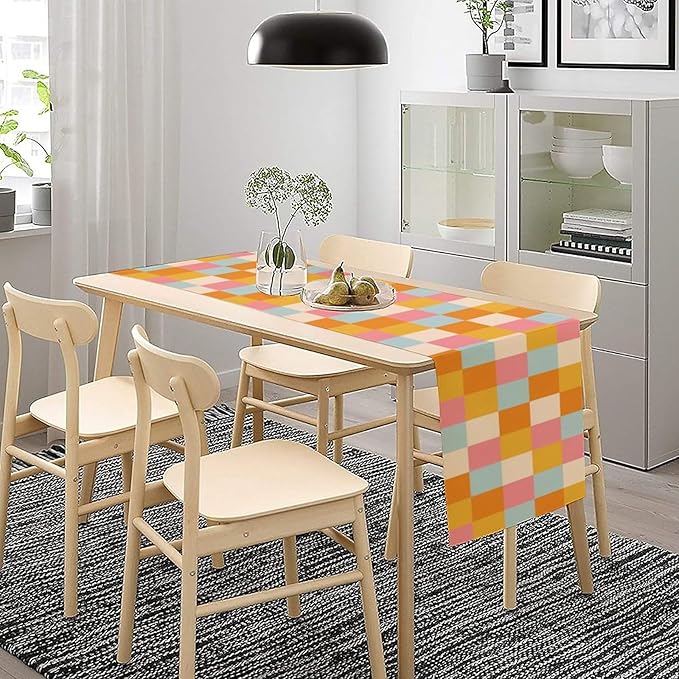 70s Hippie Table Runner Vintage Geometric Square Square Grid Yellow Orange Pink Blue 1960s 1970s Retro Country Farmhouse Dinner Runner for Living Room Kitchen Party Holiday Dinner Home Decor 13x108in