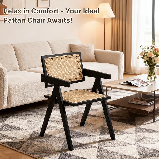 Rattan Dining Chairs Set of 2, Modern Mid Century Dining Chairs with Arms, Outdoor Bamboo Chairs for Bedroom, Living Room, Reading Room, Black