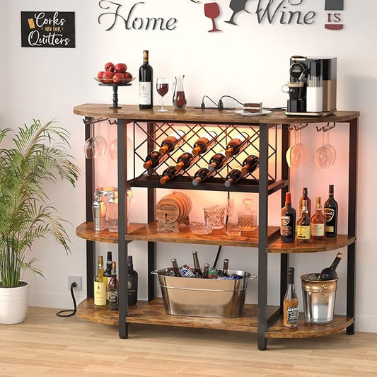 Unikito Wine Rack Table with Socket and LED Light, Floor Bar Cabinet for Liquor and Glasses, Wood Coffee Bar Table with Adjustable Wine Rack, FreeStanding Sideboard and Buffet Cabinet, Rustic