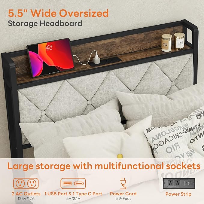 Sweetcrispy Queen Bed Frame with Headboard, Storage Headboard with USB Charging Station, Durable Squeak-Free Frame, Simple No-Tool Assembly,Works with Queen Mattress No Box Spring Needed